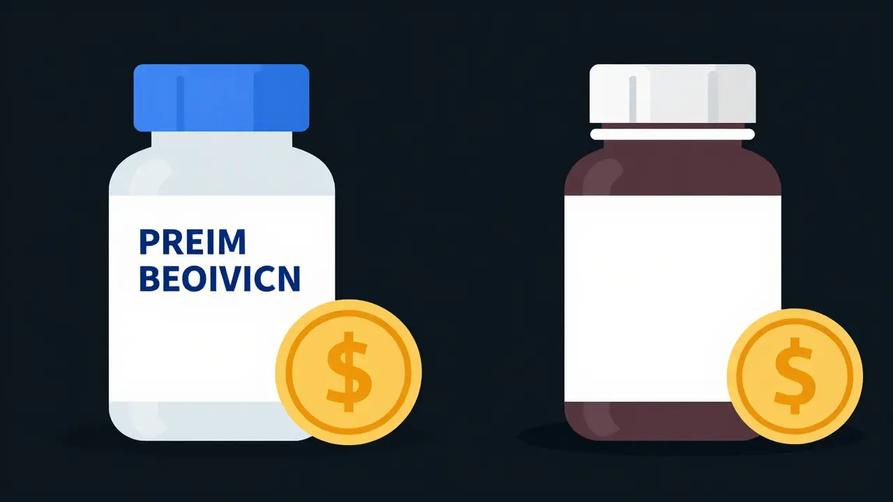 Comparison between brand name and generic medication with a savings coin.