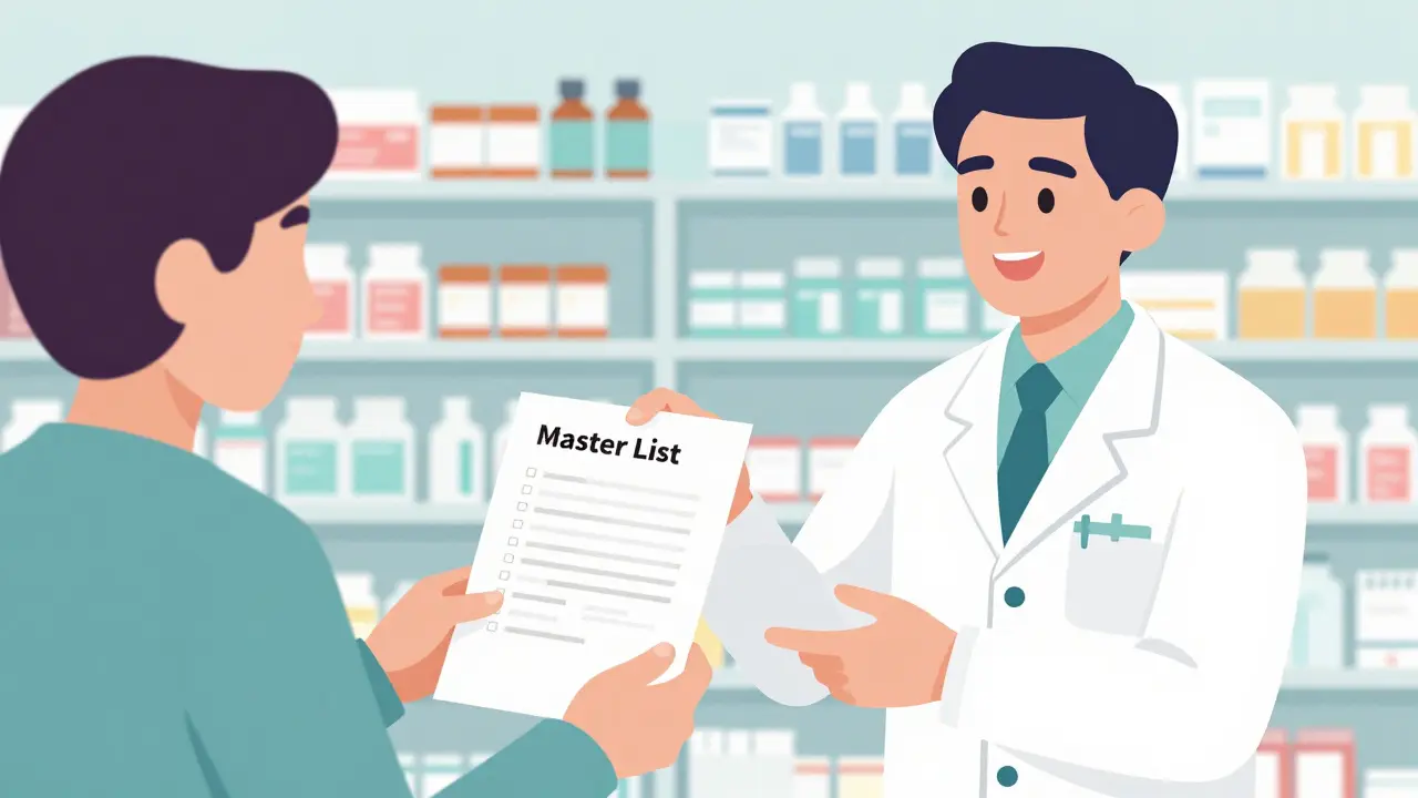Flat illustration of a patient giving a medication list to a pharmacist.