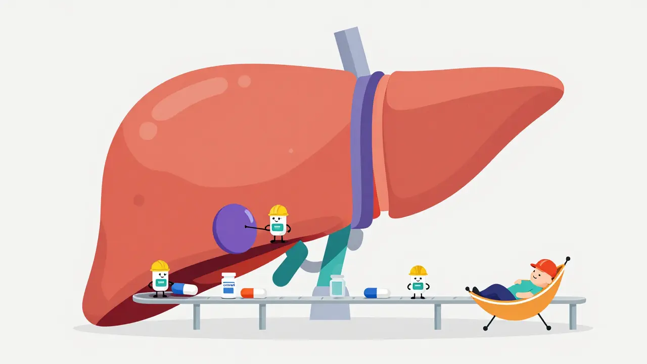 Flat illustration of stylized enzyme characters working in a conceptual liver factory.