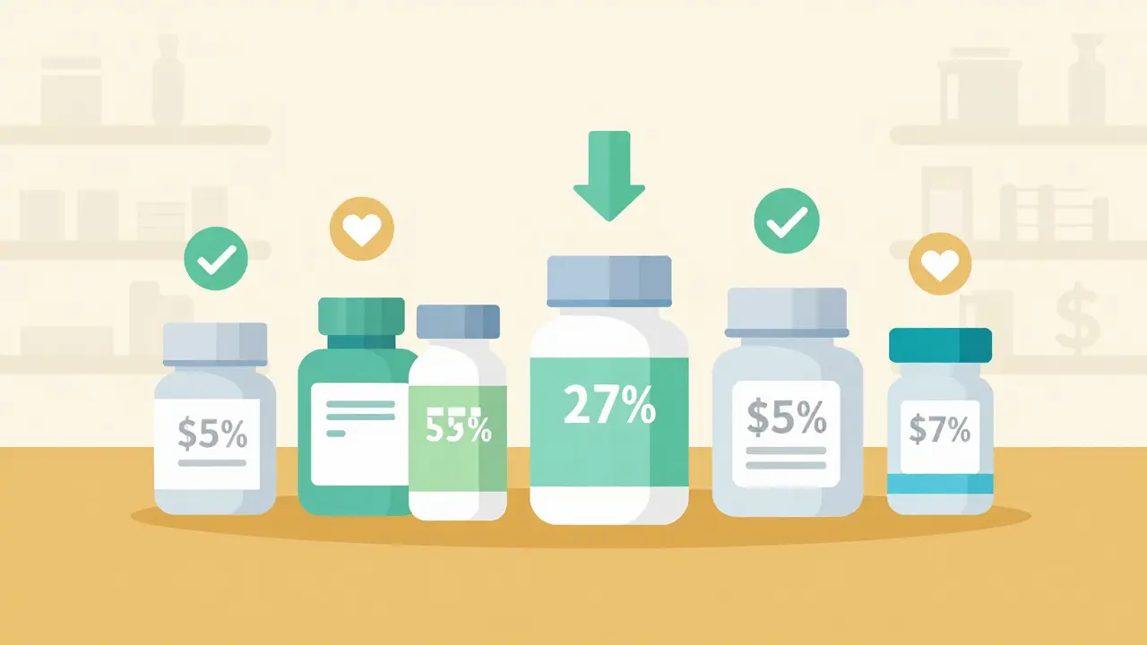 Generic medicine bottles showing reduced prices with checkmark marks