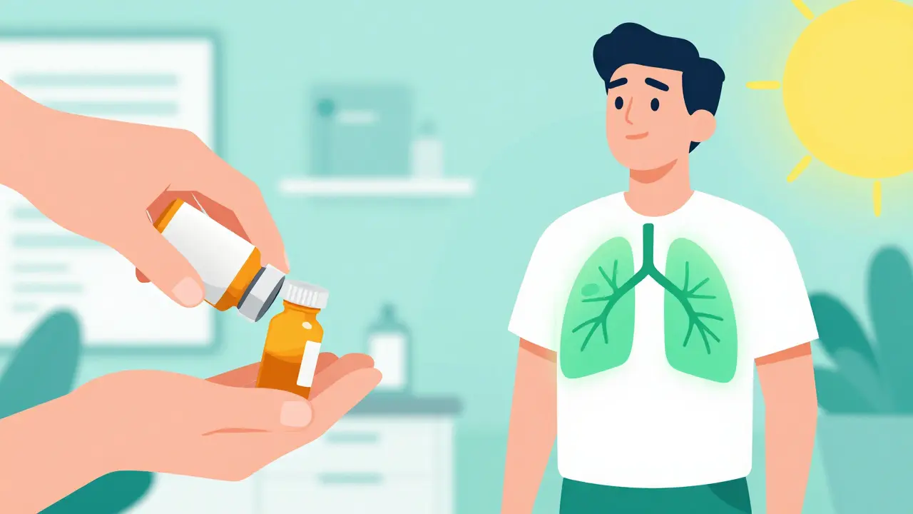 Illustration of a person recovering and breathing easily after stopping medication.