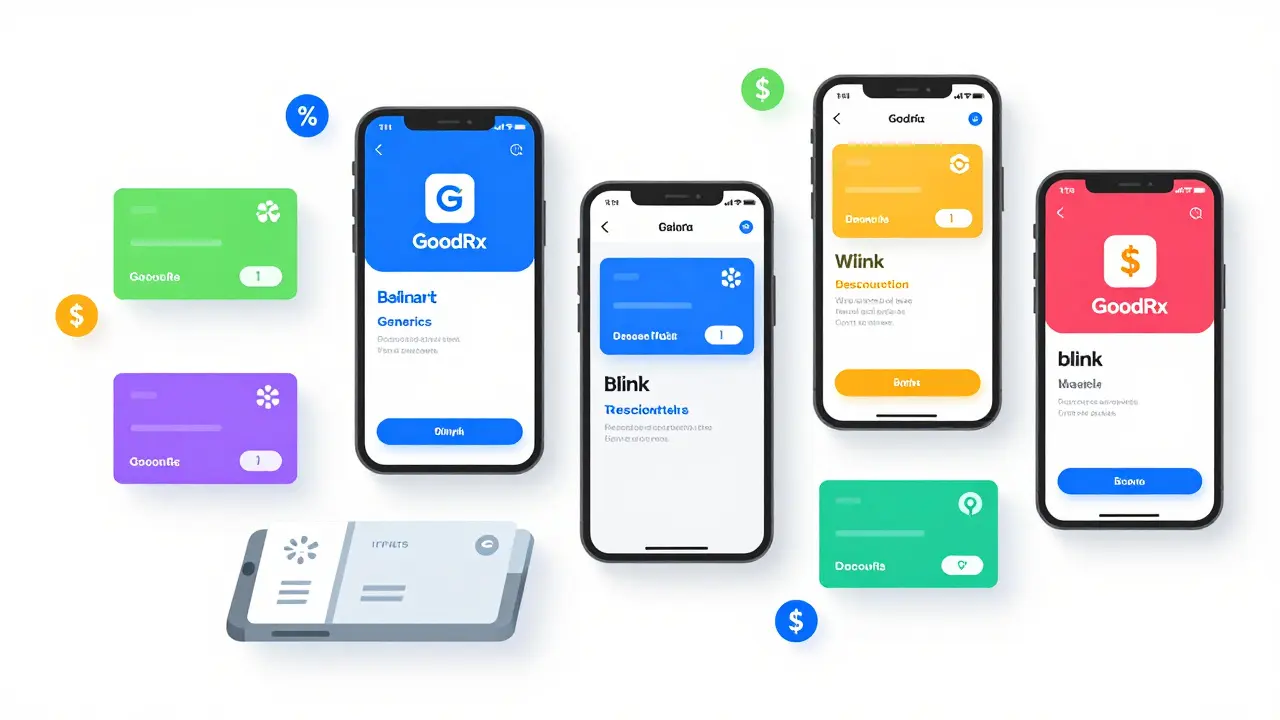 Multiple smartphones displaying discount app interfaces on table