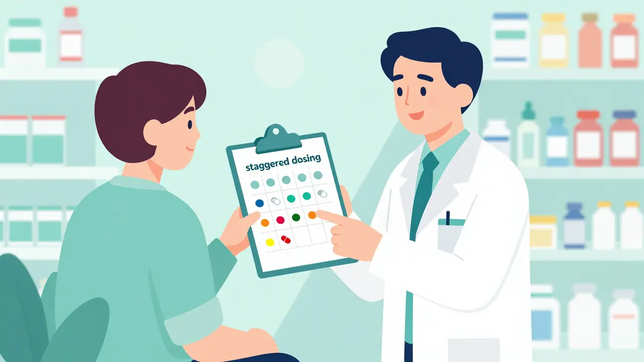 Pharmacist and patient discussing a staggered medication schedule to avoid drug interactions