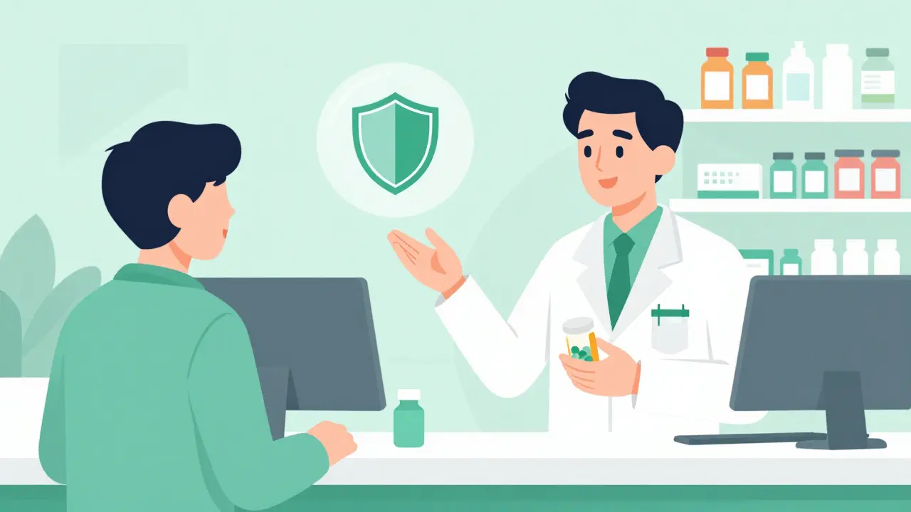 Pharmacist explaining the benefits of authorized generics to a patient.