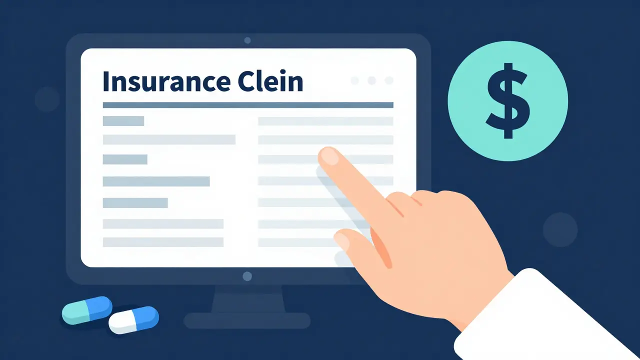 Pharmacist reviewing insurance costs and pill appearance for a patient.