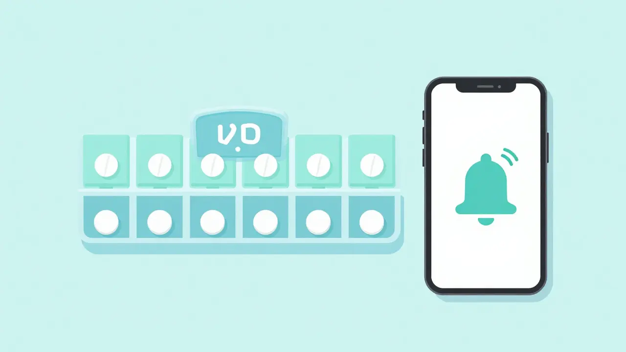 Weekly pill organizer with a smartphone reminder for daily medication consistency.